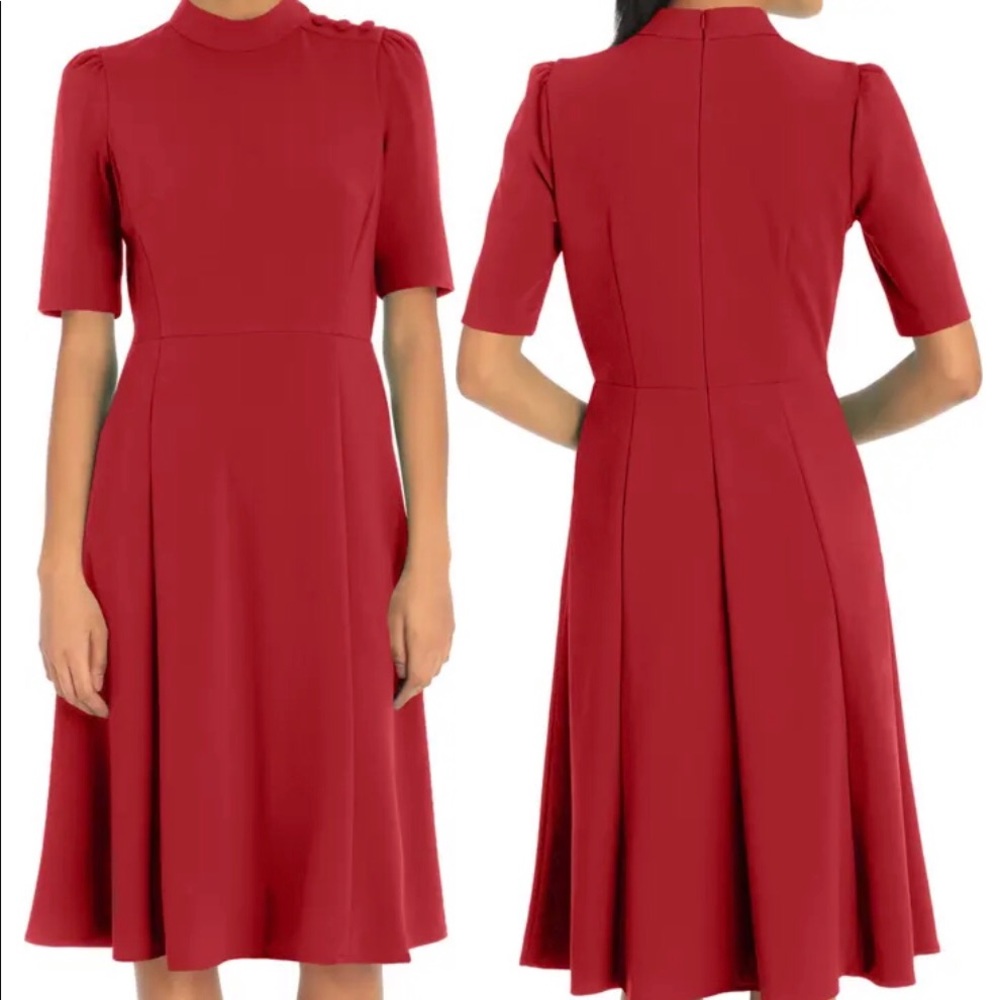 Red mock neck, button shoulder design and flare skirt dress size small.